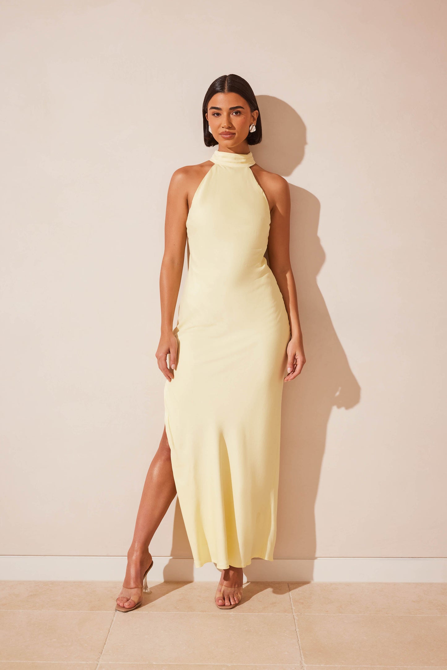 Claire Satin Drape Dress in Light Yellow