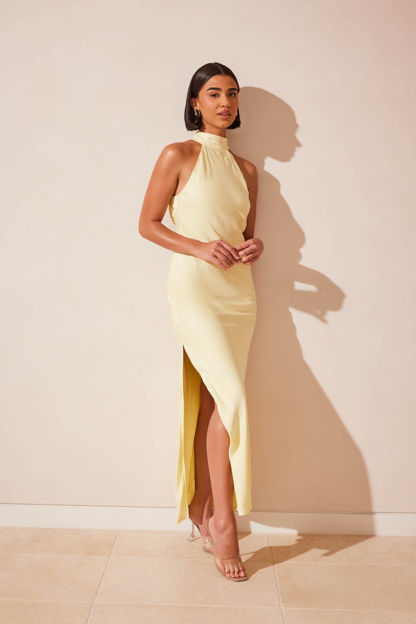 Claire Satin Drape Dress in Light Yellow