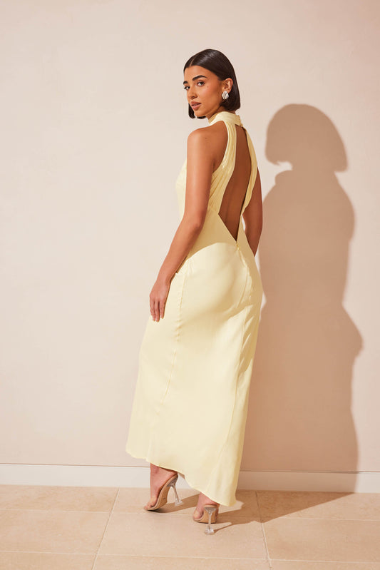 Claire Satin Drape Dress in Light Yellow