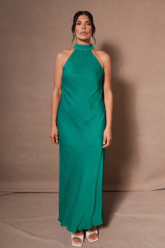 Claire Satin Drape Dress in Green